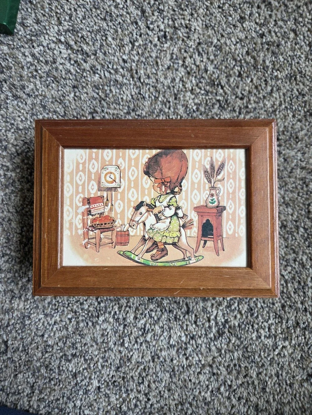 Vintage 1970s Wooden Jewelry / Trinket Box – Girl on Rocking Horse